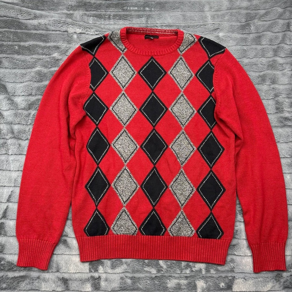 Geoffrey Beene Mens Argyle Cotton Sweater Red Wine Black Grey G4G6170 Size M